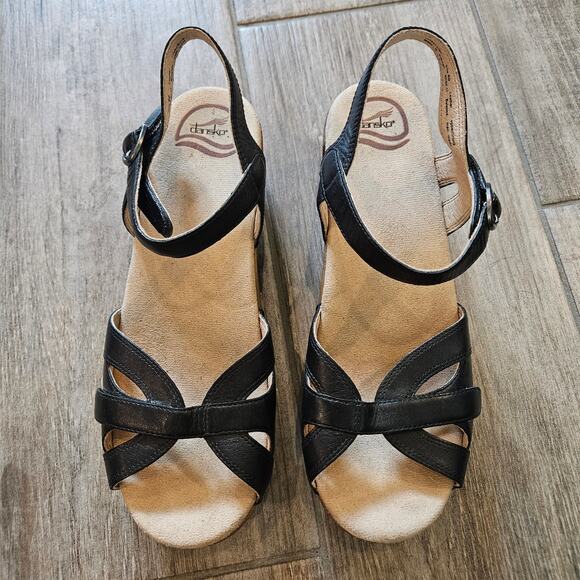 Dansko Season Sandals Women’s 40 US 9.5-10 Black Leather Comfort Platform Shoe - Picture 3 of 11